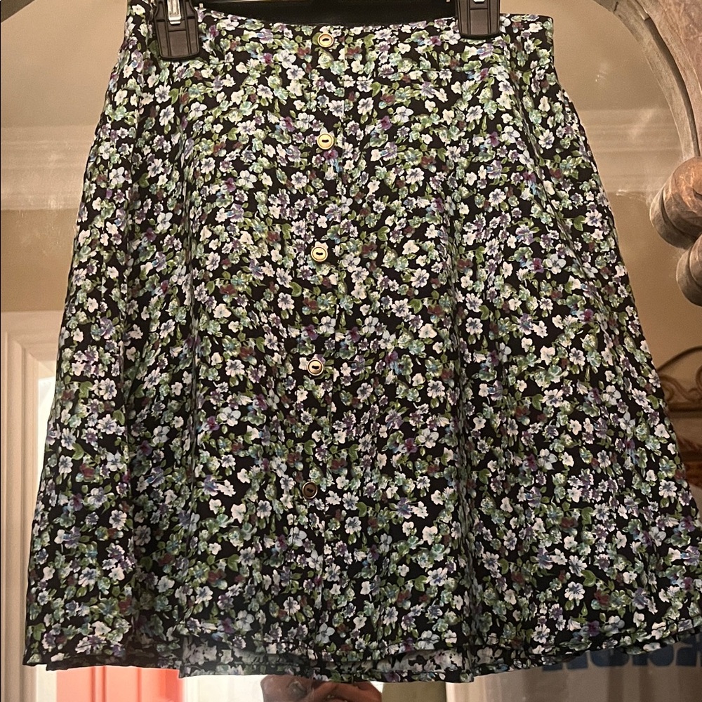 Floral Button-Front A-Line Skirt in Black and Pastel Floral
